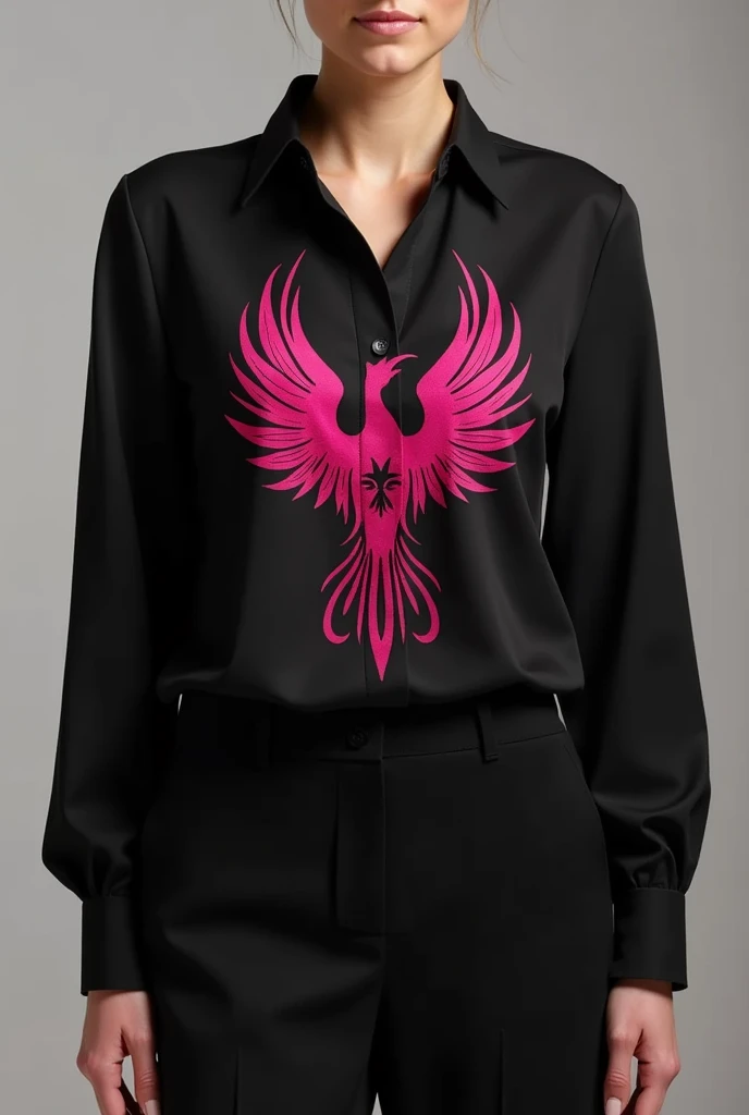Create a black blouse with the name Phoenix global meeting of women of the color pink