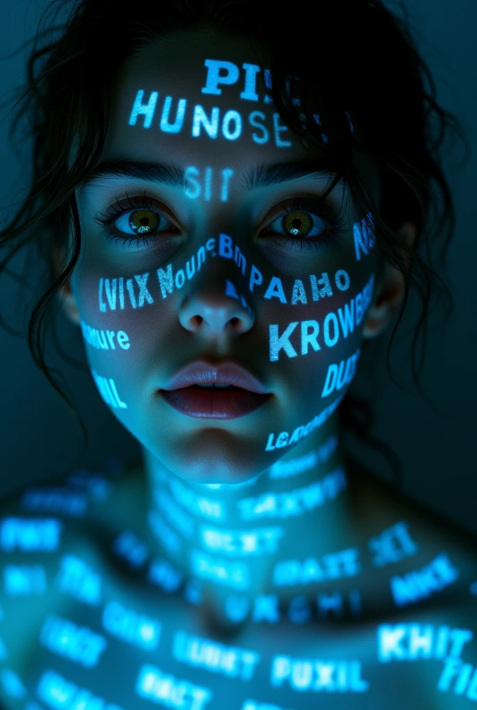 A striking and futuristic portrait of a young woman, with light projection creating a mesmerizing visual effect. The glowing text in various languages or scripts is scattered across her face and upper body, illuminating her with bright blue and white hues against a dark background. Her calm, introspective expression and gazing eyes draw the viewer in, while her slightly parted lips convey contemplation or communication. The soft shadows and three-dimensional quality of her face emphasize the image's depth and mystery. Her damp, tousled hair merges into the background, highlighting the illuminated text and her penetrating gaze. The image embodies themes of knowledge, identity, and the merging of digital and physical worlds, creating a powerful and thought-provoking cinematic experience.