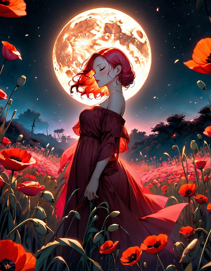 A digital illustration depicts a young woman standing in profile among a sea of vibrant black roses likely poppies, in a mystical field at night. The woman has short Green neon fire sexy Sensual big tits red fire hair that flows dramatically behind her, caught in a gentle breeze, creating a sense of movement and adding depth to the scene. She wears an off-the-shoulder, red dress adorned with intricate floral patterns featuring pink Neon and pink flowers, as well as small geometric designs. Her face is turned slightly upward, eyes closed, and lips slightly parted, exuding a serene and contemplative expression. The background features a massive, luminous full moon red dominating the upper center of the image, casting a warm, golden-black glow across the scene. The moon's surface is highly detailed with visible craters and textures, creating a surreal and enchanting atmosphere. The sky surrounding the moon transitions from deep midnight pink to a reddish-pink hue near the horizon, dotted with scattered stars. The foreground is filled with numerous bright red flowers with black centers and delicate, paper-thin petals, their slender green stems and leaves visible. Some flowers appear to glow softly, enhancing the magical quality of the scene. Behind the flowers, tall, golden wheat-like stalks add depth and texture to the midground. The overall composition is centered on the woman, with the moon providing dramatic backlighting that highlights her silhouette. The color palette is dominated by deep reds, vibrant oranges, charcoal blacks, and warm yellows, creating a high-contrast, low-luminance scene with rich saturation. The lighting is soft and diffused, emphasizing the ethereal quality of the moment and contributing to the surreal, dream-like quality of the illustration.