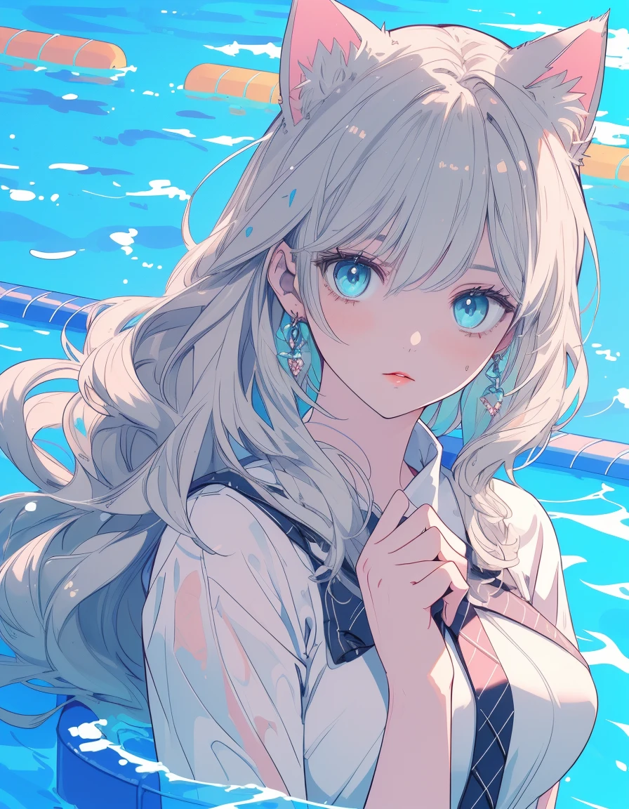 swimming, pool, ((masterpiece, best quality:1.5)), ((Beautiful detailed cat aqua eyes:1.2)), cat ears, pale skin, medium breasts, beautiful hands, beautiful fingers, EasyNegative
