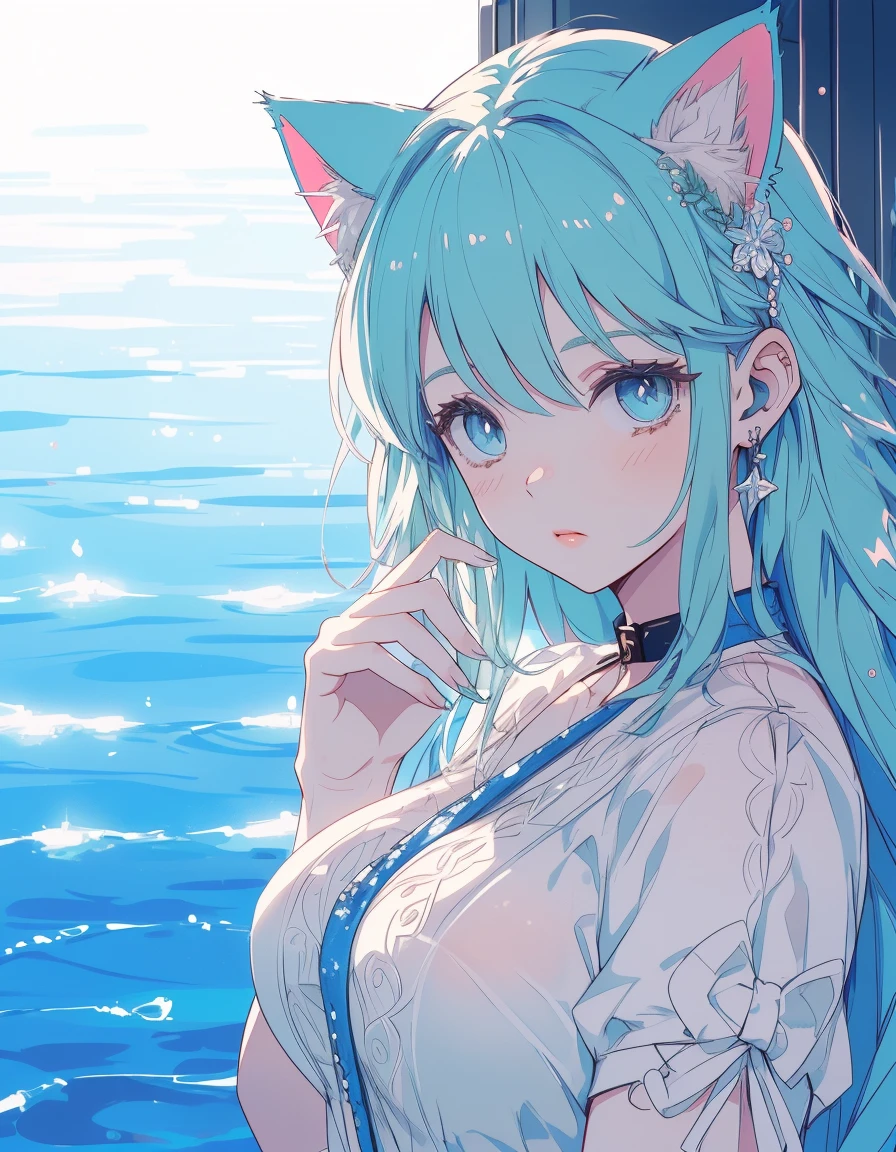 swimming, pool, ((masterpiece, best quality:1.5)), ((Beautiful detailed cat aqua eyes:1.2)), cat ears, pale skin, medium breasts, beautiful hands, beautiful fingers, EasyNegative