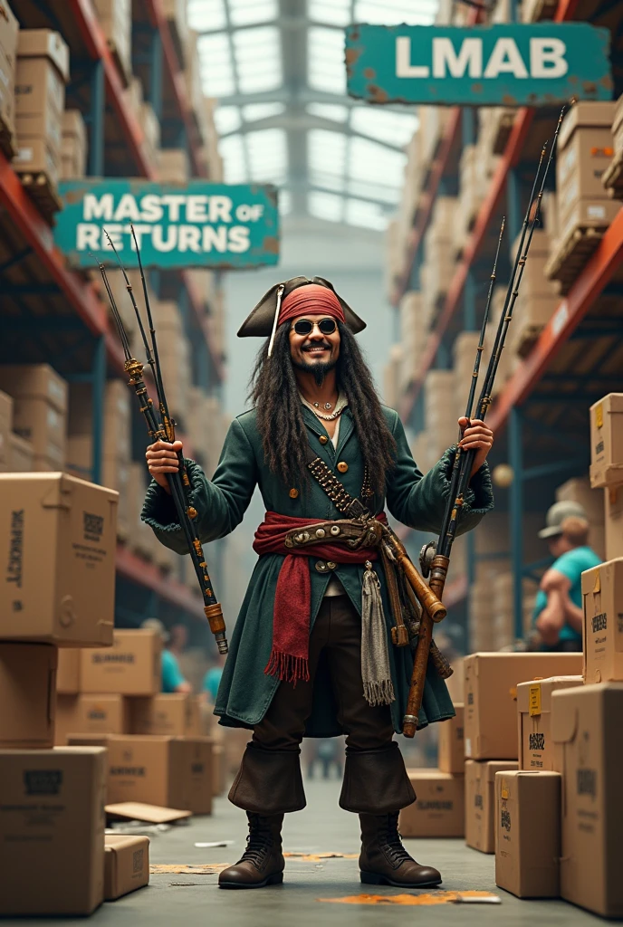 Create an image of Jack Sparrow, who is standing in front of a lot of packages and has several fishing rods and fishing equipment in his hand.
Jack Sparrow is said to be in a returns warehouse for fishing equipment.
He should laugh in a friendly manner. look at the camera, zoom in and present the fishing and hold a package. Wear sunglasses. Above him hangs a sign that says " LMAB" and a sign that says "Master of Returns".
In the background, employees are packing, who use white adhesive tape with light blue writing.