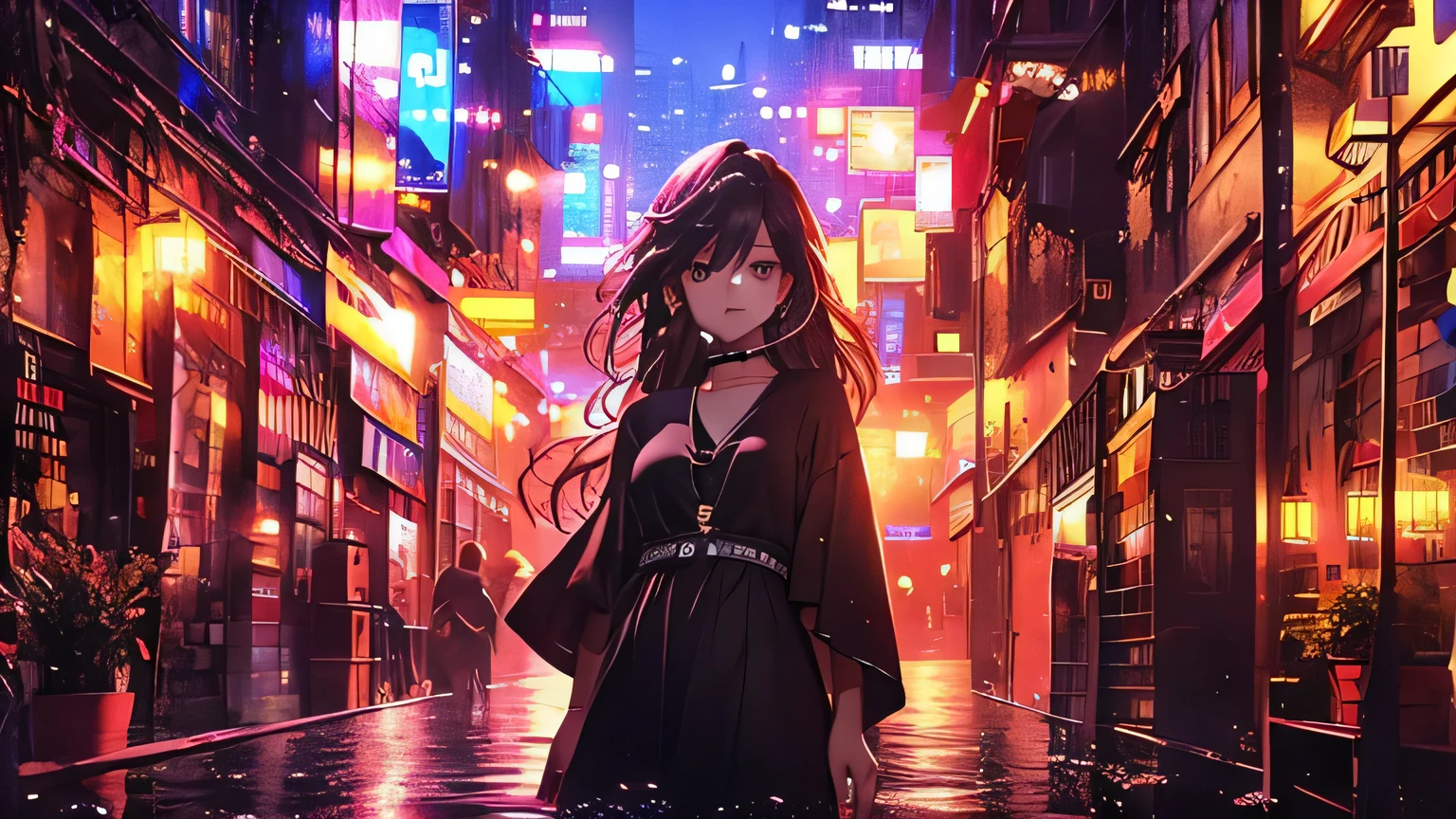 Attention to detail, high quality, high resolution, 4K, 8k, beautiful woman, beautiful eyes, she stands at the rooftop of a building, flowing hair, she watches the beautiful city view, calm atmosphere, relaxed atmosphere, neon lights, Grains of light,whole body