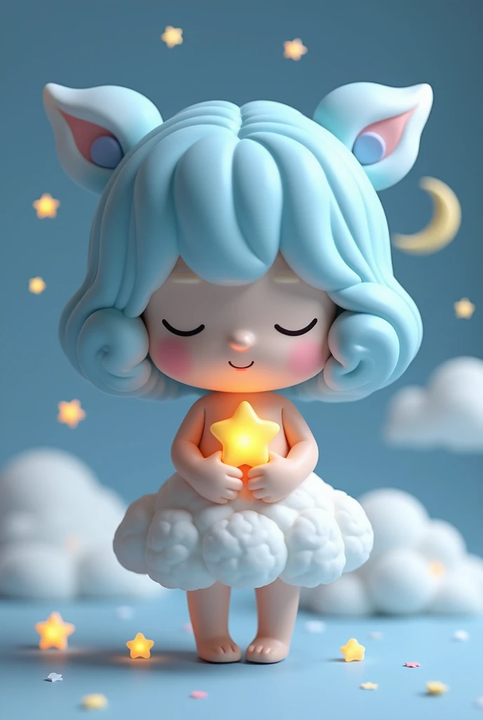 “Create a whimsical and serene art toy character inspired by the night sky. The character should have soft, pastel blue hair styled in gentle waves and wear a fluffy, cloud-like dress. The character is holding a small, glowing star close to their chest, and their eyes are closed, giving them a peaceful expression. The background should feature subtle, dreamy elements like clouds, crescent moons, and tiny stars, all in soft, muted tones to complement the character’s gentle appearance.”