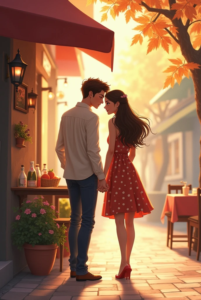**Action:** The couple walks hand-in-hand, their fingers intertwined. They pause beside a charming little café with outdoor seating. The woman leans in close to the man, resting her head on his shoulder. He gently tilts her chin up, looking deeply into her eyes.