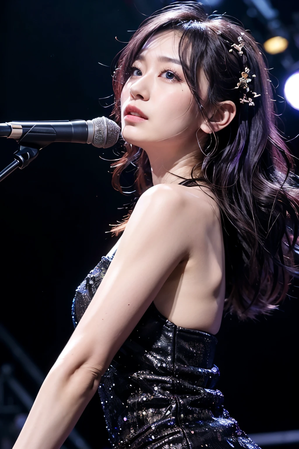 realistic, on the stage of the concert, singing emotinally, brightly lit by spotlights on the stage, dim lighting, wearing black dress, very long blacked purple hair, hair is blowing in the wind, hair is shaggy and dishevelled, beautiful white-colored translucent skin, sweat splashes, glamorous figure, voluptuous bust, no makeup, small nose, smooth shaped jawline, glossy face, heavy flushed cheeks, with a sad expression, serious look, no smile, close-up shot