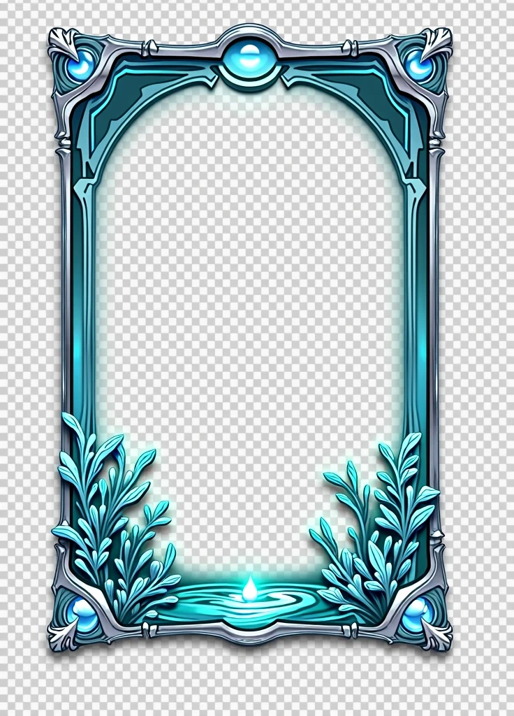 Create a 3D stylized card frame for a water-themed character with a sleek, fluid structure that complements the character's aquatic design. The frame should be smooth and flowing, using deep blues, seafoam greens, and shimmering silver shades with glowing water droplet effects around the edges. Incorporate wave motifs at the top, metallic silver corners with a polished texture, and ripple-like patterns on the sides that resemble the gentle flow of water. The bottom section should feature a coral reef texture with subtle bioluminescent glow and engraved water symbols. Ensure the frame has transparent sections to blend with the background and fits the character perfectly without obstructing key details, leaving space for text or stats at the bottom.