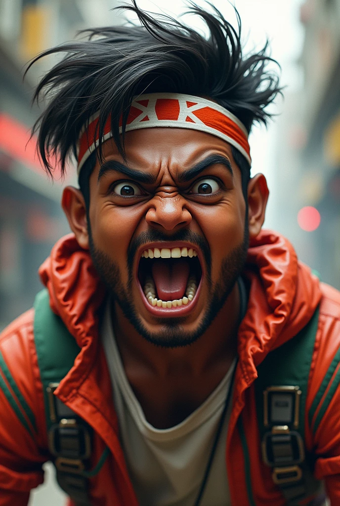 a man portrait india. eat food. chubby face. 20 year old. thin body shape face. dark skin. man . Anger face. Open mouth. wear headband red whitr. . wearing an (green red stripe jacket) future shirt . anger faces, short hairstyle .