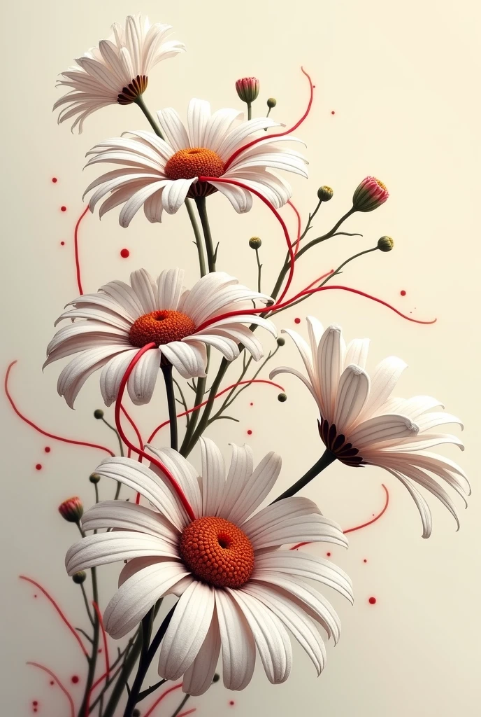 Create daisies in the wind with a red thread on them, tattoo style