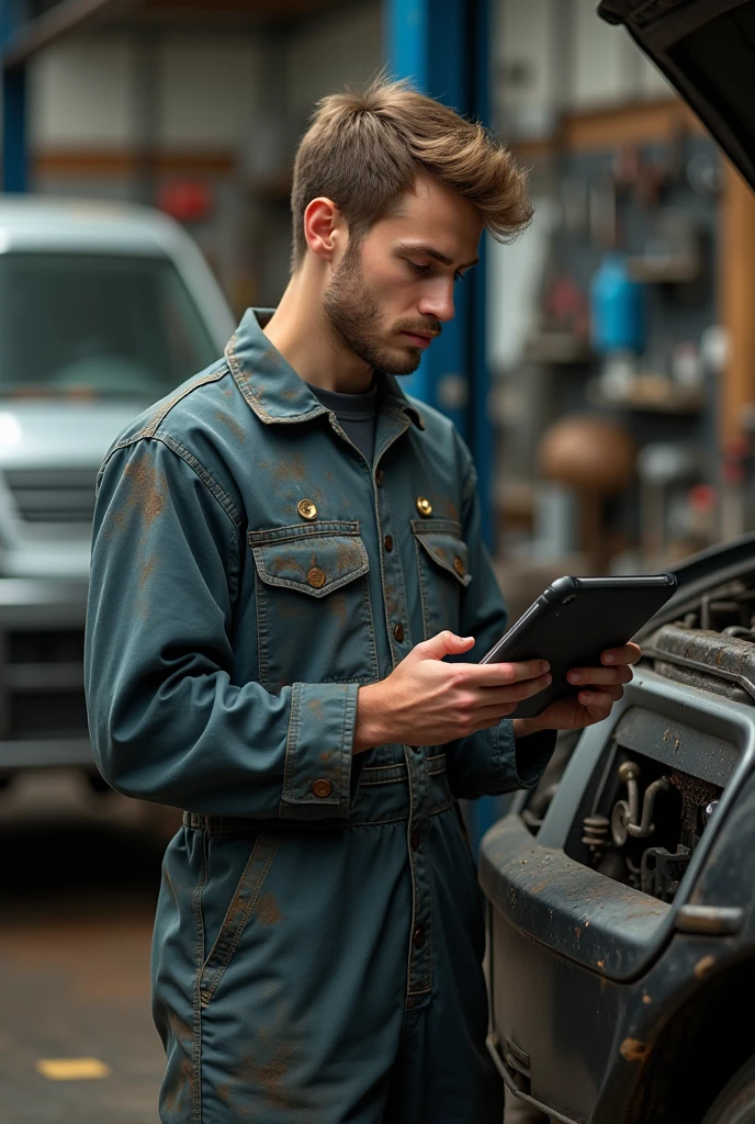 With a tablet in hand, a young mechanic man looking at front side