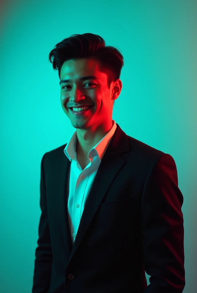 A young Man With Dark hair and a confident smile He is Dressed in a black blazer over a white shirt The man is positioned against aqua colour backdrop with a subtle red lighting on t