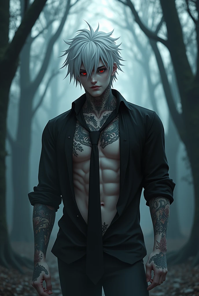 A tattooed guy with an open black shirt and a tie in his hand around his neck , white hair and fangs, red eyes like a vampire in foggy background in a forest, anime realistic 3d art, intricate details