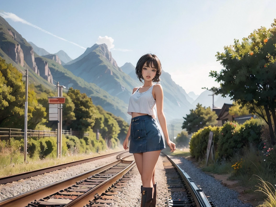 There is a beautiful 1girl standing on the train tracks, train signals, landscape artwork, anime background art, loepfe art, detailed scenery, landscape art detailed, loepfe art style, beautiful anime landscape, made with anime painter studio, background artwork, anime country landscape, beautiful art UHD 4 K, anime art wallpaper 8 K, anime landscape, smiling at camera, tank top, mini skirt, boots,very busty