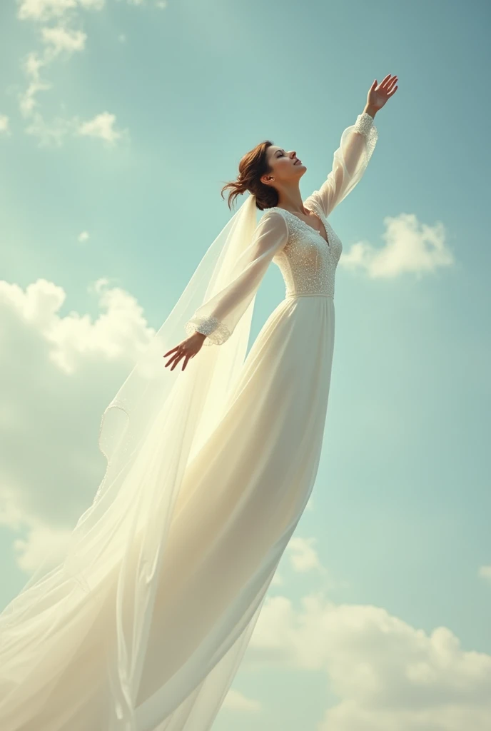 Create a woman in a conservative wedding dress flying into the sky with a very long veil surrounded by sparkles on her dress