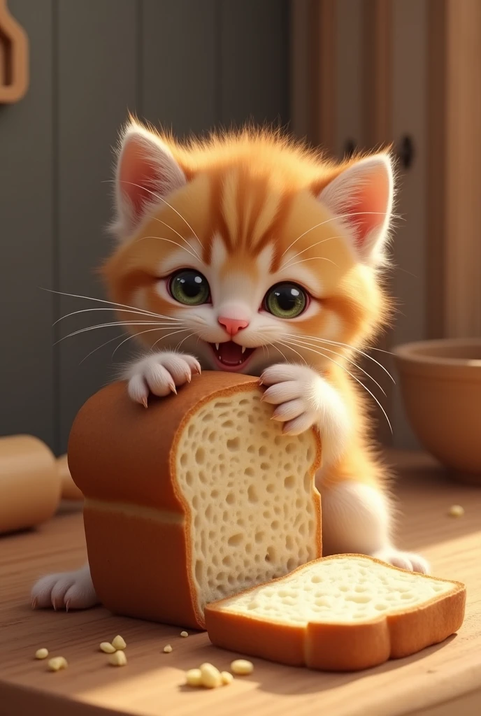 Kitten gnaws the edges of bread