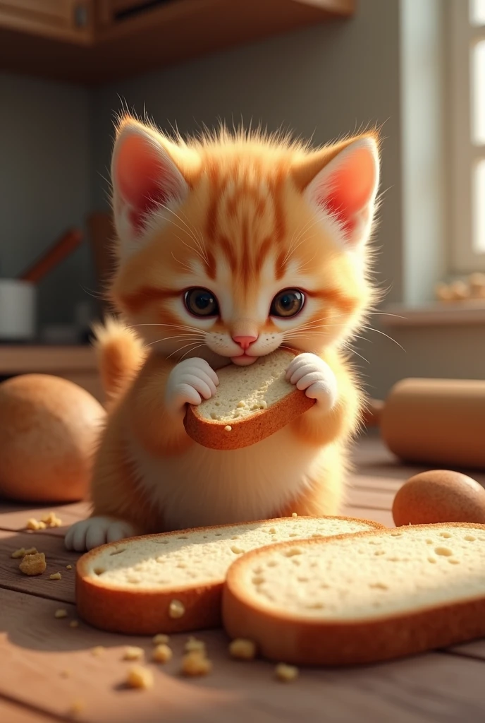 Kitten gnaws the edges of bread