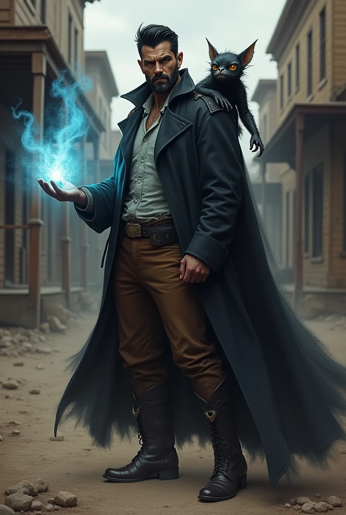 I would like a man with a slightly darker style. He has black hair styled into a pompadour, a beard, brown eyes, and a dark cloak covering his body. Underneath, he wears a dress shirt, brown pants, boots with spurs, and a gray glowing deck in his hand. He also has a shadowy creature on his shoulder that resembles a gremilim. I would like him to have a mature style and for the art to be in a fantasy RPG style set in the Old West.

