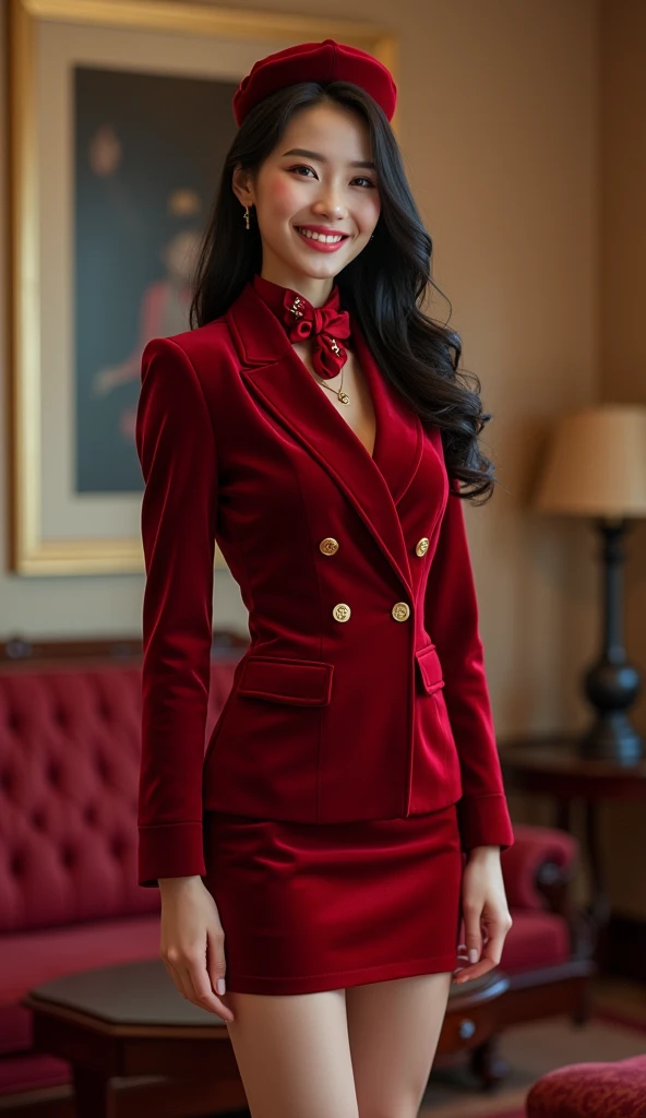 Show entire body, feet in view, (ultra-detailed, photorealistic, stunning Asian flight attendant, tall and slender, long wavy dark hair, loose curls, friendly, provocative red velvet uniform, matching blazer jacket, short pencil skirt, black stockings, bedroom slippers, silk scarf, side cap, friendly and approachable demeanor, radiant smile, luxurious hotel room, elite flight attendant, sophisticated, professional appearance, elegance, luxurious environment, ((intricate detail, super finely detailed hands, ultra finely detailed fingers, full body showcase, show full body)).