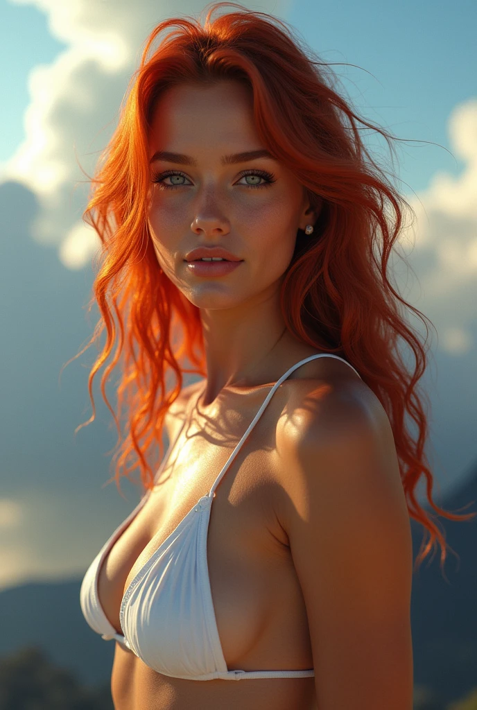 A close-up of a woman in a white bikini with a sky background, Fiery red hair, blue eyes, perfect smile, She is on top of a mountain that rises above the clouds., Digital art inspired by Louis Mathieu Verdilhan, trend in artstation, Digital art, karol behind uhd, better known as amaranth, amaranth, vfx movie, very very beautiful woman, Stunning visual effects, VXF Movie, very beautiful woman, amazing visual effects, very sexy