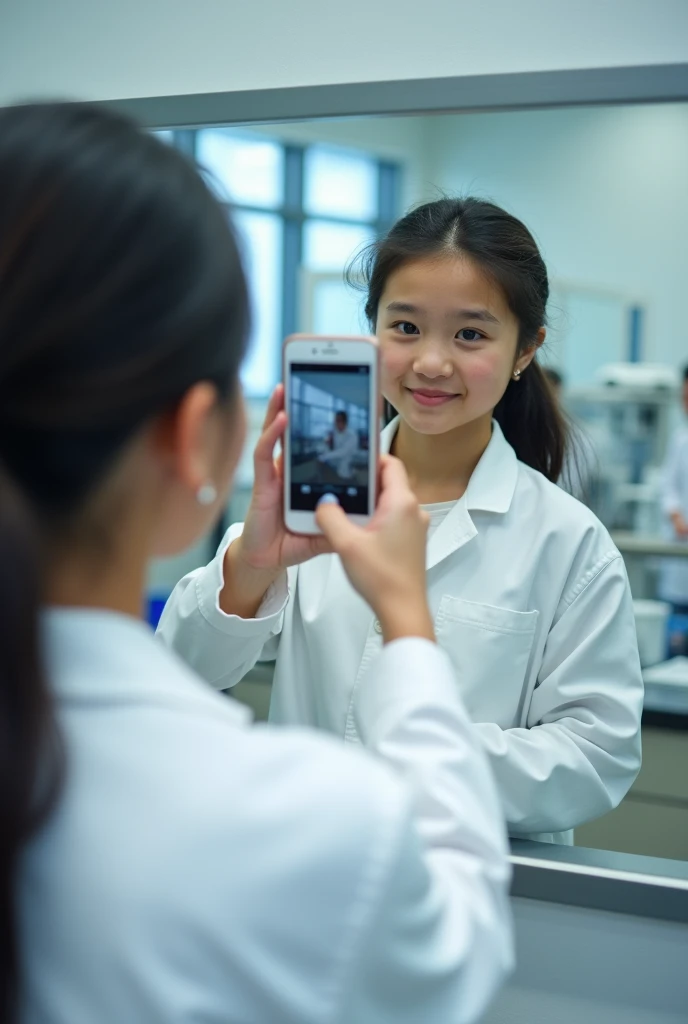 A girl wearing a lab coat taking a photo with a cell phone in front of a mirror