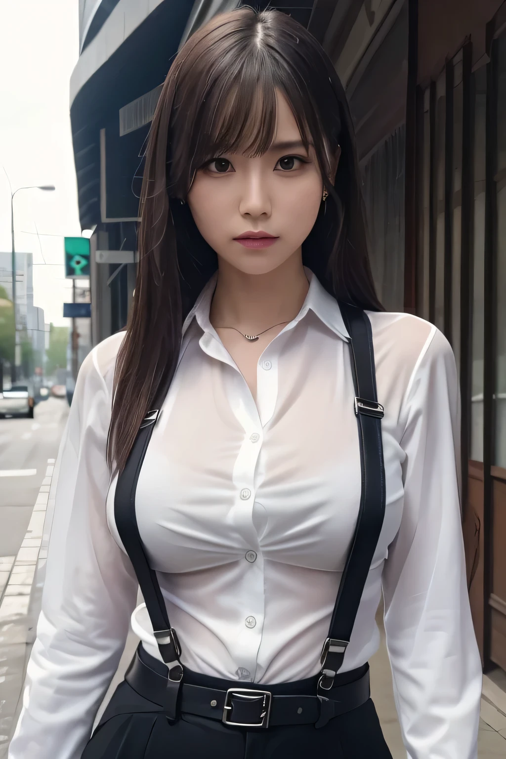 a woman in a suit, belt, hands behind back, sweating, suspenders, black pants, sexly, large breasts, see-through clothing, rain, detective, office worker, white button-up shirt, (best quality,4K,8k,highres,masterpiece:1.2),ultra-detailed,(realistic,photorealistic,photo-realistic:1.37),hyper-detailed,highly detailed face and body, Slender thin suspenders Moderate breasts See-through shirt Nipples holster chain Pistol Armament criminal Female criminal knife
