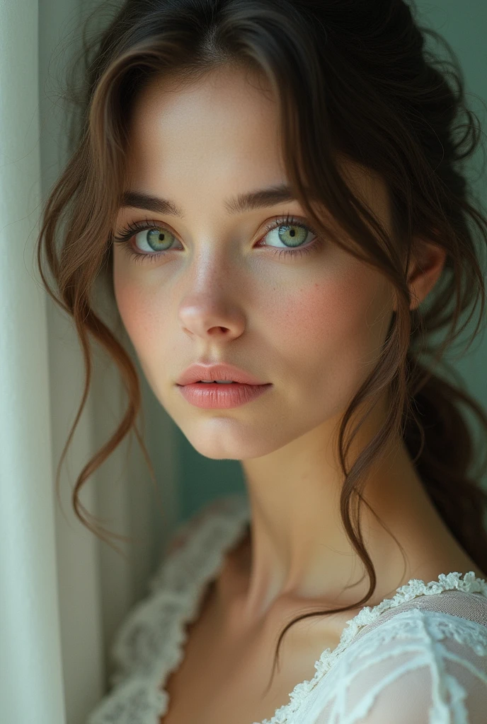 caucasian woman, green eyes