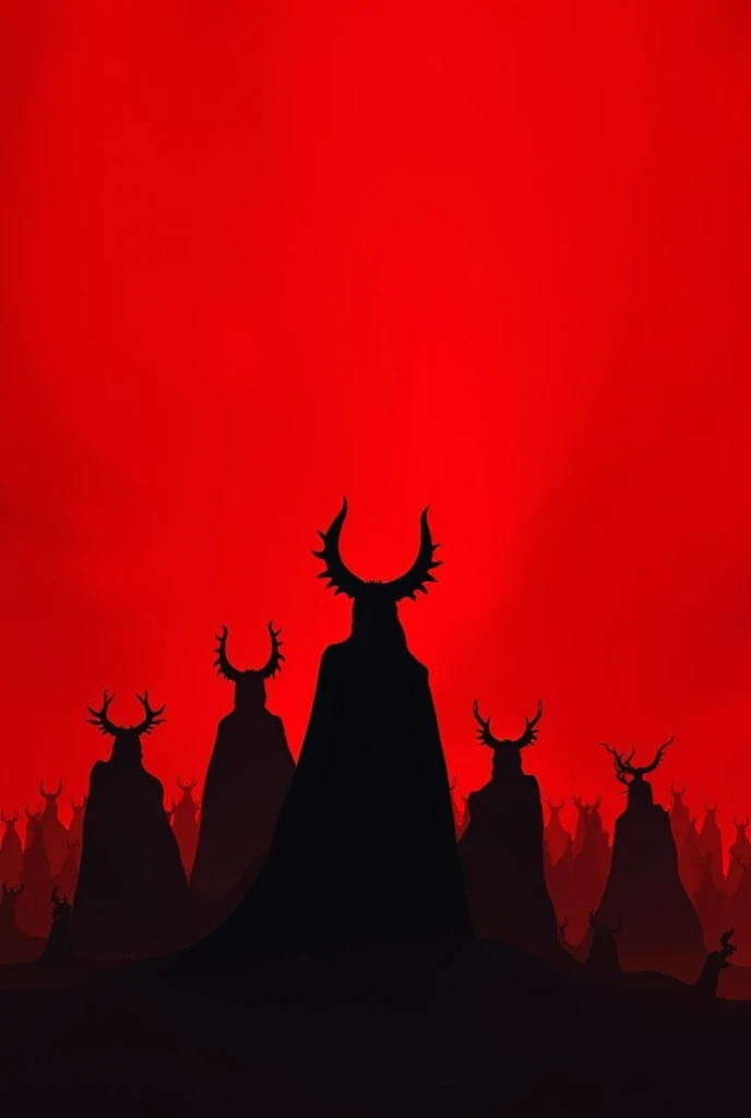 A red background with black silhouettes of various horned characters