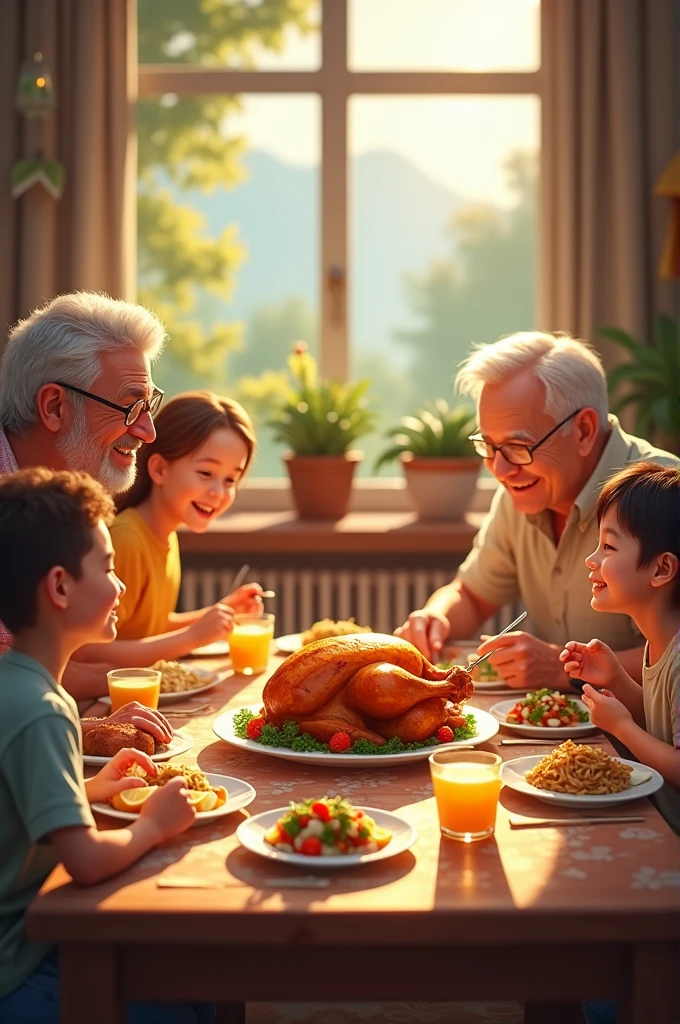 Family gathered around a table eating golden roast chicken ,with its garnishes ,rice, salsa ,   and enjoying a coke 