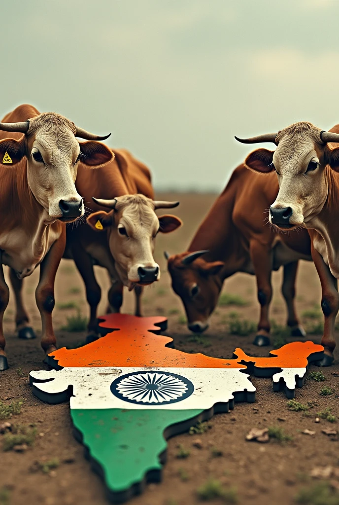 Make a image where Cows are peeing on India flag and map
