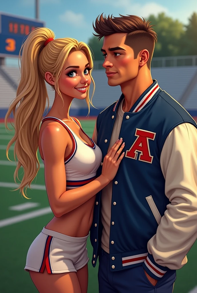 Generate a stereotypical image of American High Schools. A hot blonde cheerleader girl with her Football Captain boyfriend. They should be