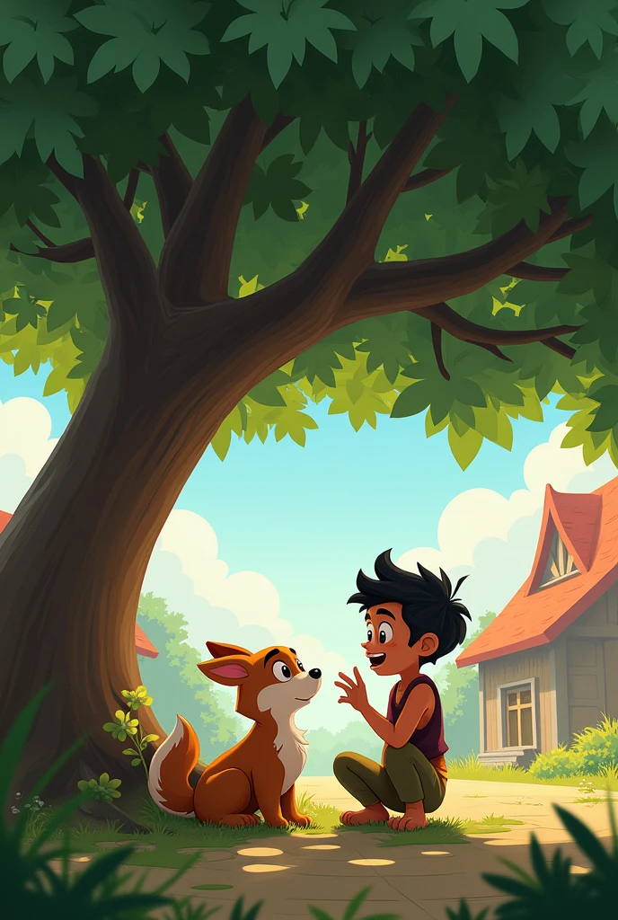 Ayan and Julie sitting under a large, shady tree in the middle of the village. Ayan is narrating a story with expressive gestures, while Julie listens intently, her head tilted and tail wagging gently.