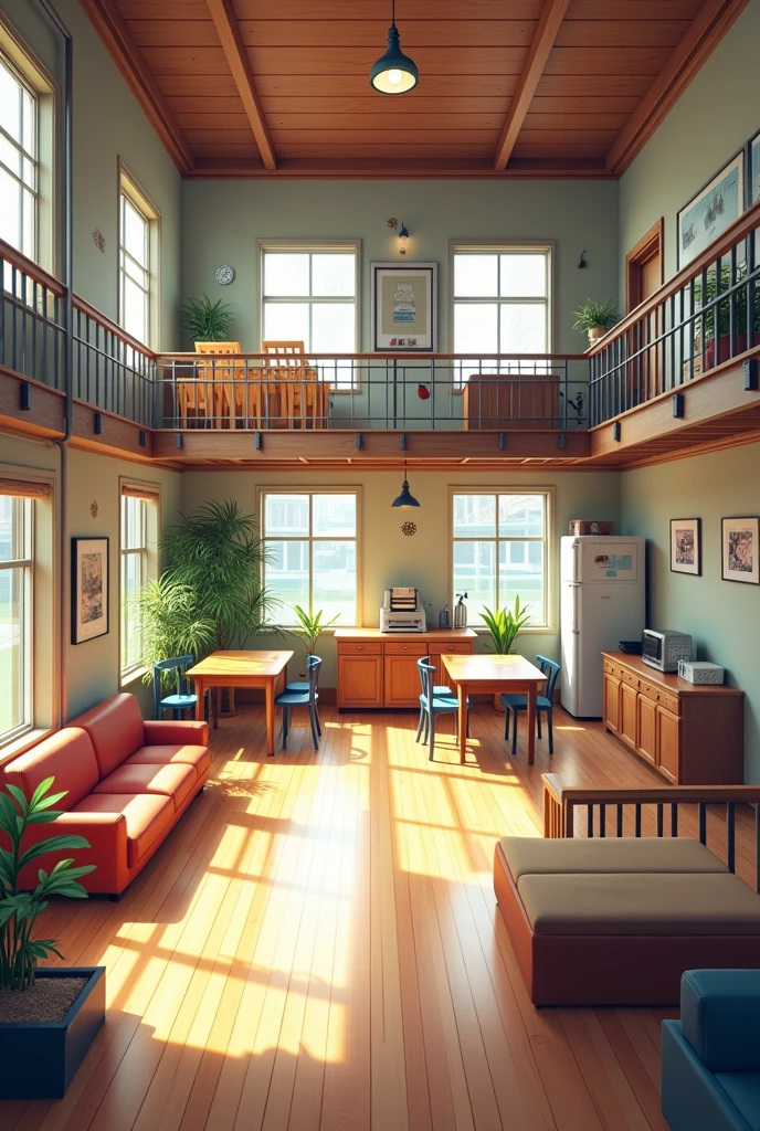 This is a two-story dormitory for baseball players, designed in an American style with excellent natural lighting. The first-floor common area is very bright, featuring a living room, kitchen,