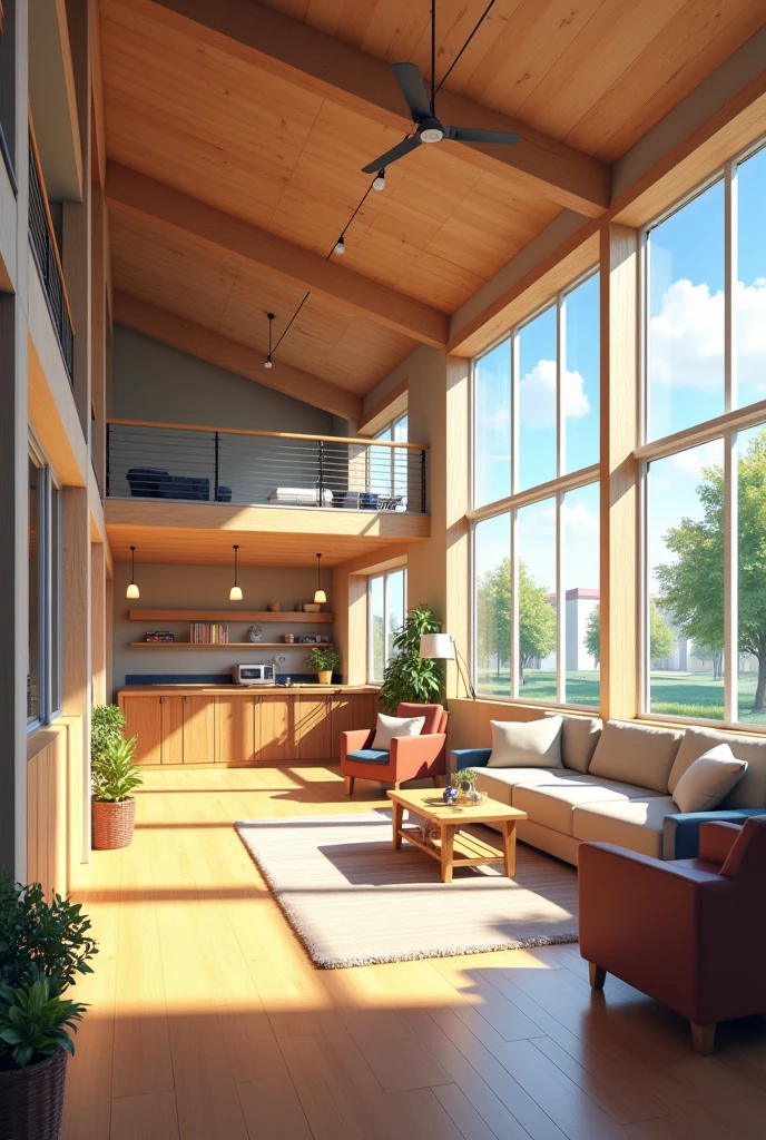 This is a two-story dormitory for baseball players, designed in an American style with excellent natural lighting. The first-floor common area is very bright, featuring a living room, kitchen,