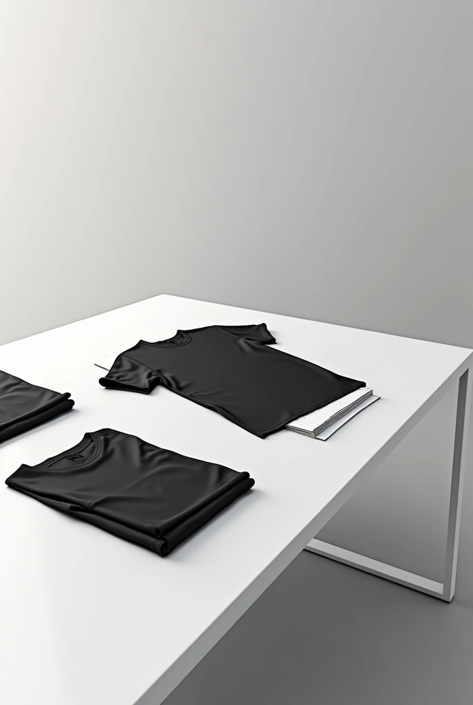 A white table and black t-shirts on top that looked like they had papers and designs ready to be printed.