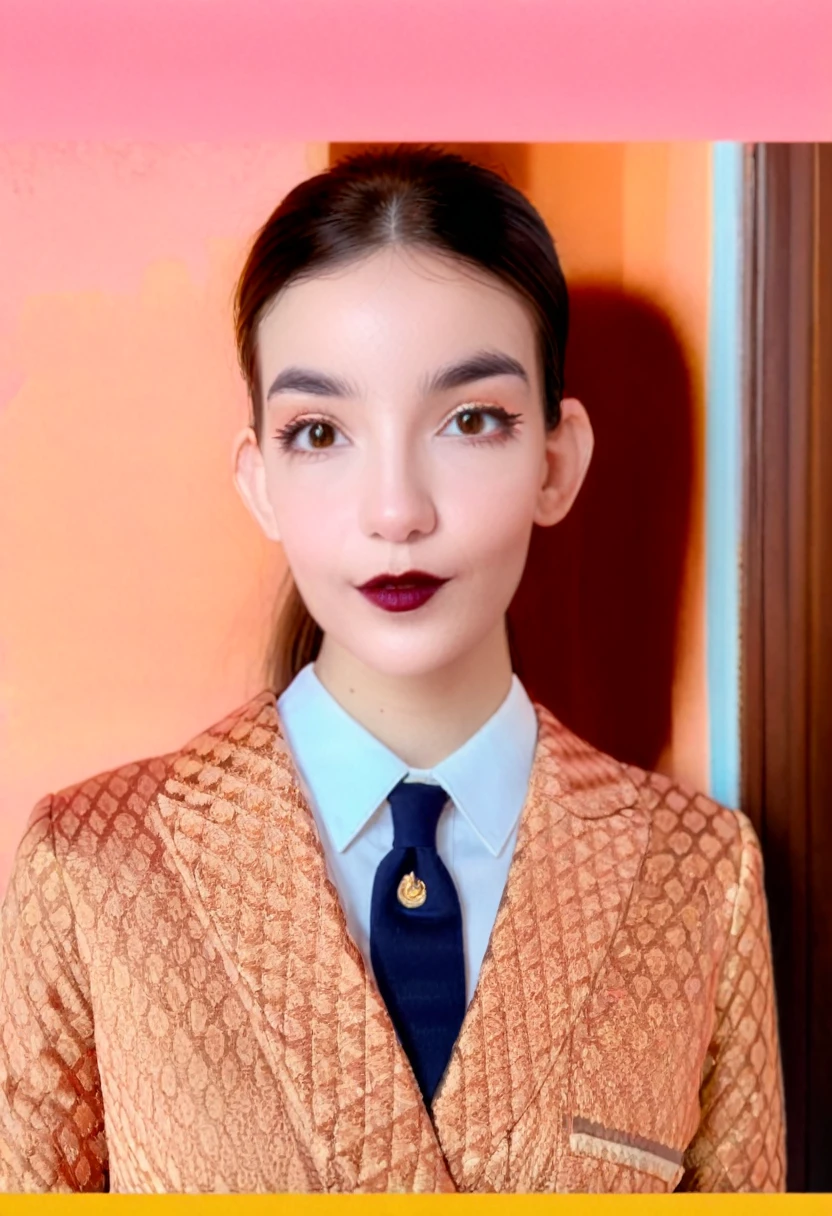 detailed portrait Photo of a beautiful 20yo woman who is an instgram influencer, detailed rich background by Wes Anderson