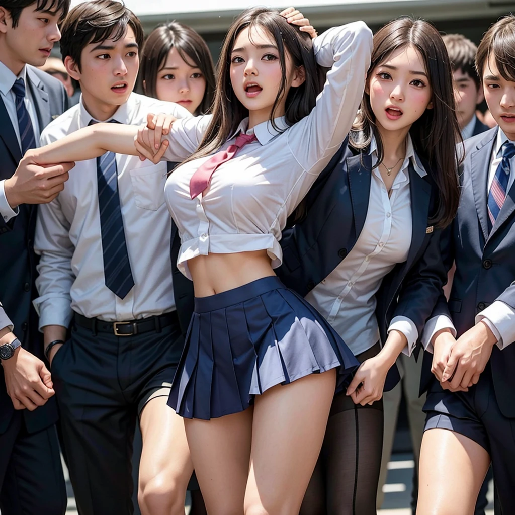 A beautiful innocent girl surrounded by excited high school boys, Cute baby face like an idol, She screams with her mouth open in shame after being molested in public and watched from close range, A high school boy rips off his school uniform with a cutter, revealing his pure white panties, A high school boy grabs my breasts from behind, A high school boy touches my crotch, Anatomically correct, Being molested by a group of men, Fleeing, Glaring at the viewer with a look of anguish, Beautiful long wavy bob hair, blush, Increased sensitivity, Tears overflow from your beautiful eyes, Ultra high definition, Slender body, Japanese, Inner thighs