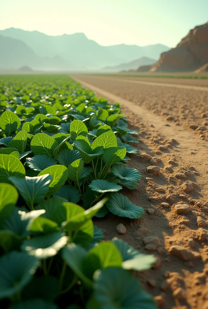 An image with a beautiful soybean plantation and on the other side a dry and arid land with a more technological touch where the soybean leaves are particularly technological.