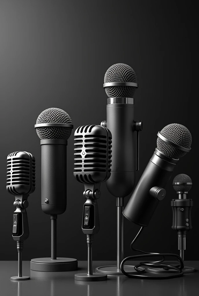 Create a black and white image featuring multiple vintage and modern microphones arranged in a visually appealing composition. The image should highlight the intricate details and textures of the microphones, with some positioned upright and others tilted, creating a dynamic and engaging scene. The background should be minimalistic, allowing the focus to remain on the microphones, with shadows and contrasts enhancing the overall depth of the image.