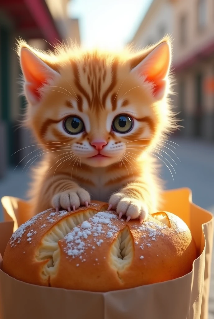 Kitten Gnawing on the Edges of Bread on the Way Home
