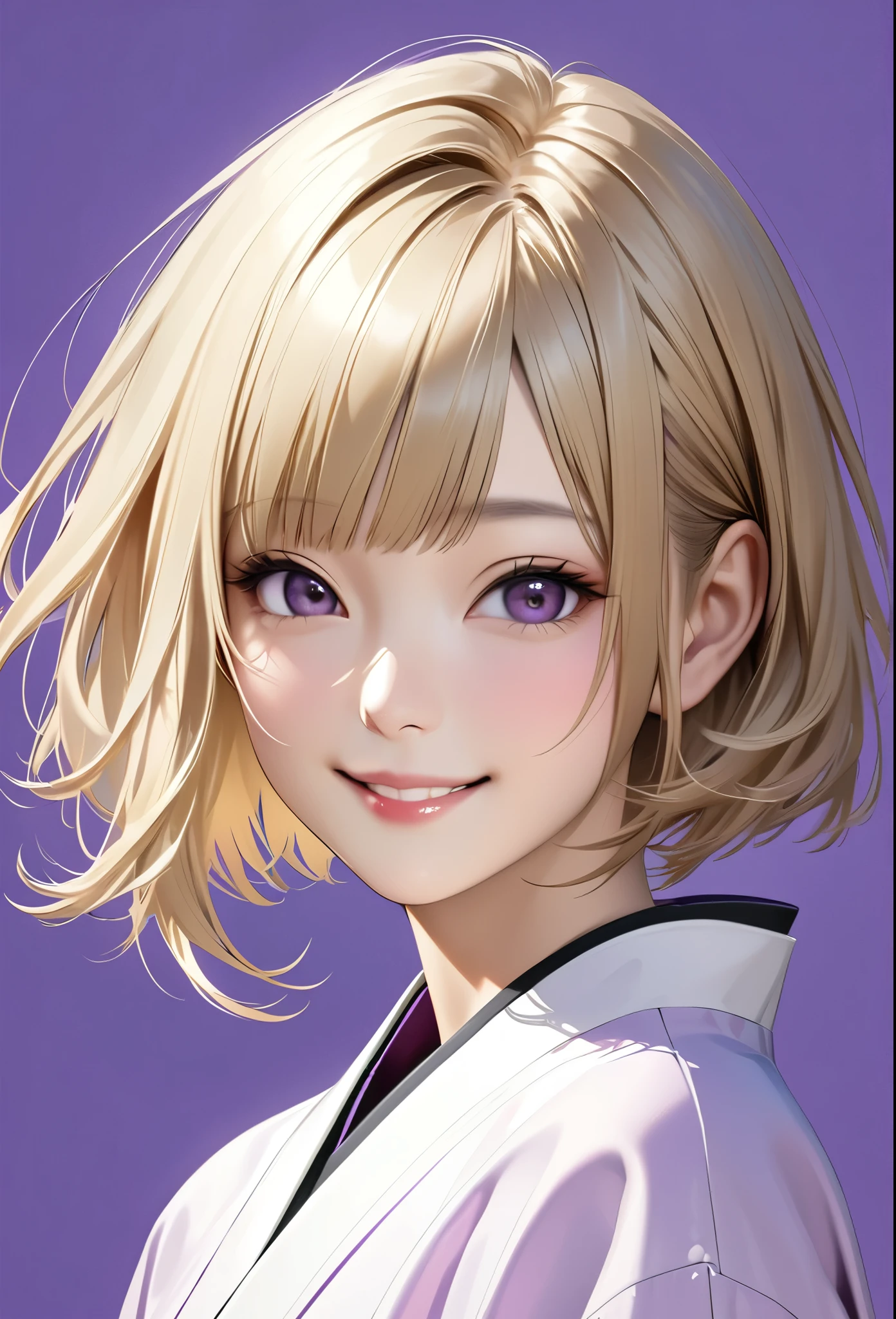 Ultra-realism,Blonde,short hair,Japanese women,Purple background,front,smile