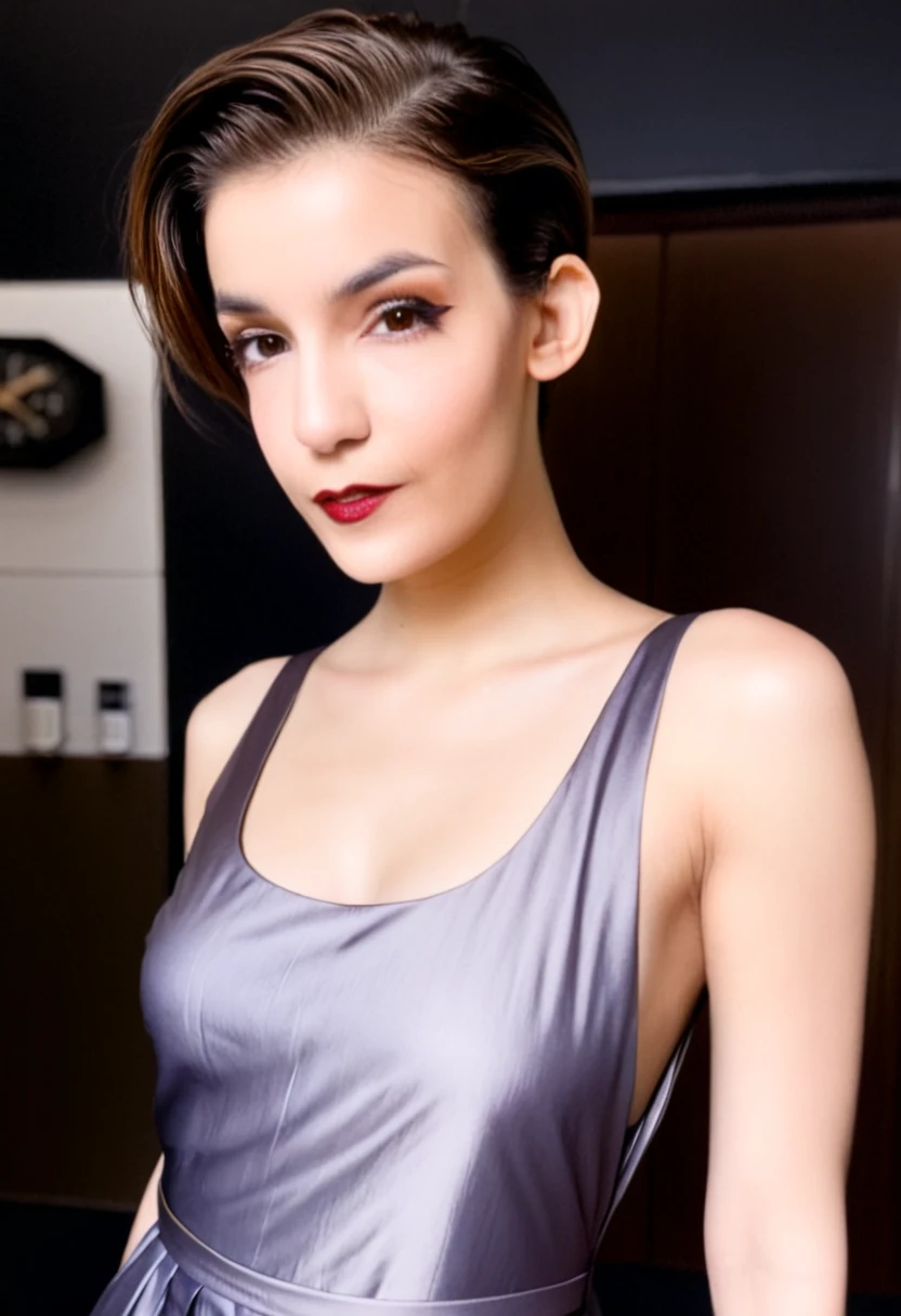 22 yrs Beautiful woman, shaved undercut hair, right side hair part, ((pixiecut fade)), Flowing sleeveless Dress, (close-up, editorial photograph), [[Wide-angle photo]], (background inside dark, moody, private study:1.3), full body portrait, by lee jeffries, nikon d850, film stock photograph, 4 kodak portra 400, camera f1.6 lens, rich colors, hyper realistic, lifelike texture, dramatic lighting, cinestill 800, eye contact, faint smile, 1920s style, , soft makeup, Dark Hazel eyes, Eye contact, young woman in her 20's,