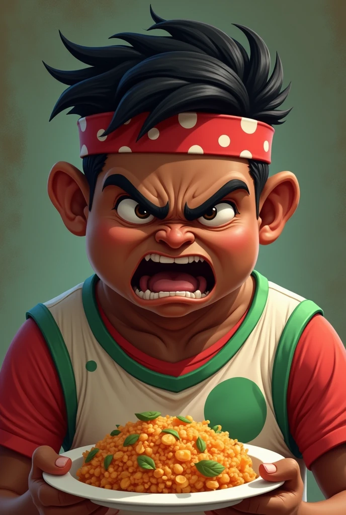 a man portrait india. eat food holding food. fat boy . chubby face. 20 year old. thin body shape face. dark skin. man . Anger face. Open mouth. wear headband red whitr. . wearing an (green red stripe jacket) future shirt . anger faces,very short hairstyle .