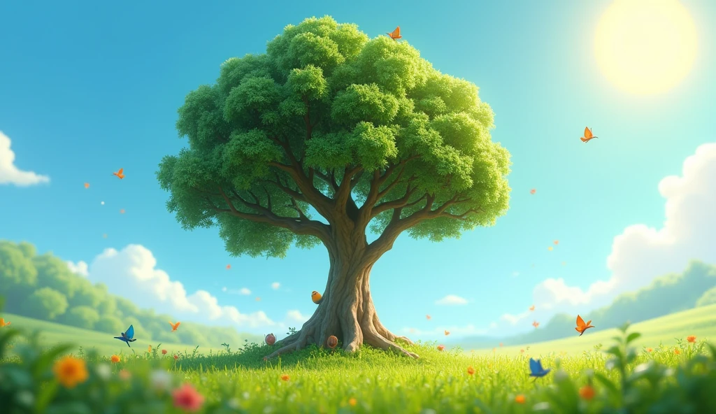 ((8k)), ((best qualityer)), ((work of art)), (detailded), "Uma pequena e frágil árvore chamada lara, lara, now much bigger and stronger, stands imposingly in the field. Its leaves are green and vibrant, and its branches spread wide, providing shade for the small animals that previously doubted it. The sky is clear blue, with the sun shining brightly, illuminating every detail of the tree and the field. There are birds singing in its branches and butterflies flying around it. The 3D Disney Pixar style brings vibrant colors and an atmosphere of peace and fulfillment, with a special focus on the detailed texture of the leaves and the smooth movement of the animals.