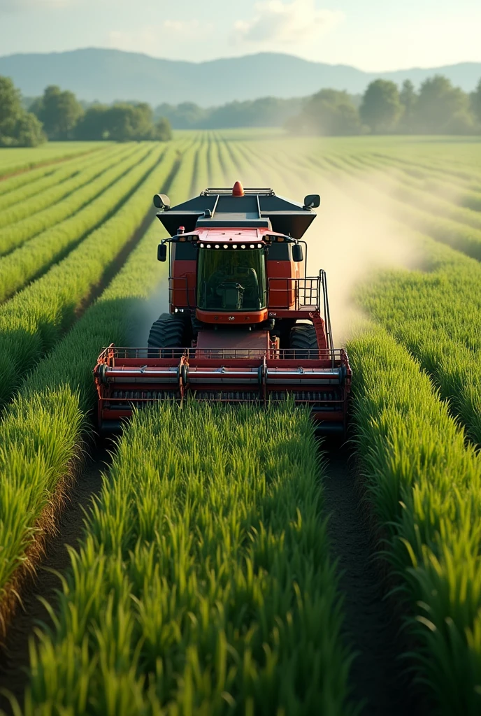 create a realistic image of a sugar cane harvester in the middle of a plantation harvesting sugar cane