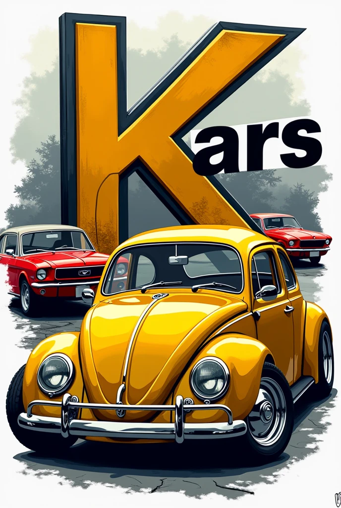 Automotive workshop logo, Kimper cars with letters that say Kimper cars with a yellow beetle car letter Kimper with red and black cars but that is attached to the letter 