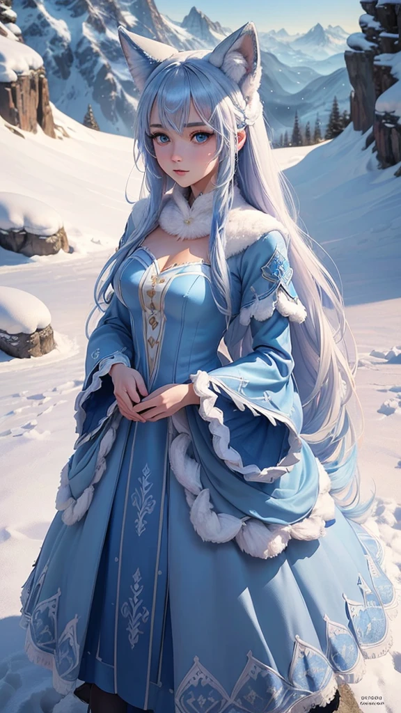 ((Masterpiece, Best Quality), blue eyes, furry blue fox ears, blue tail, white body hair, super detailed illustration, HD texture, exquisite details, 1 girl, character wearing blue long-sleeved dress, long blue hair, blush, outdoor environment, in a snowy mountain, standing