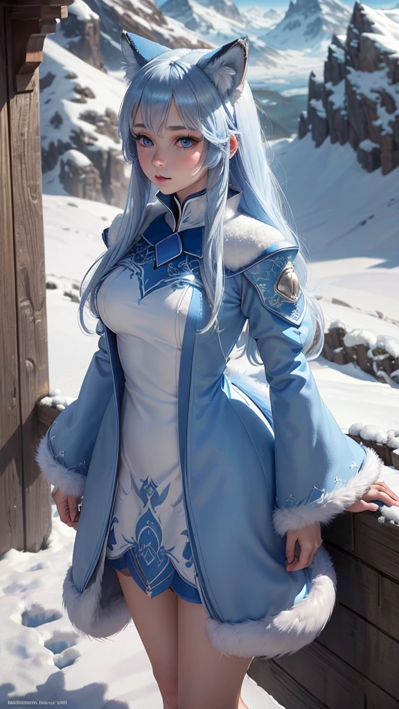 ((Masterpiece, Best Quality), blue eyes, furry blue fox ears, blue tail, white body hair, super detailed illustration, HD texture, exquisite details, 1 girl, character wearing blue long-sleeved dress, long blue hair, blush, outdoor environment, in a snowy mountain, standing