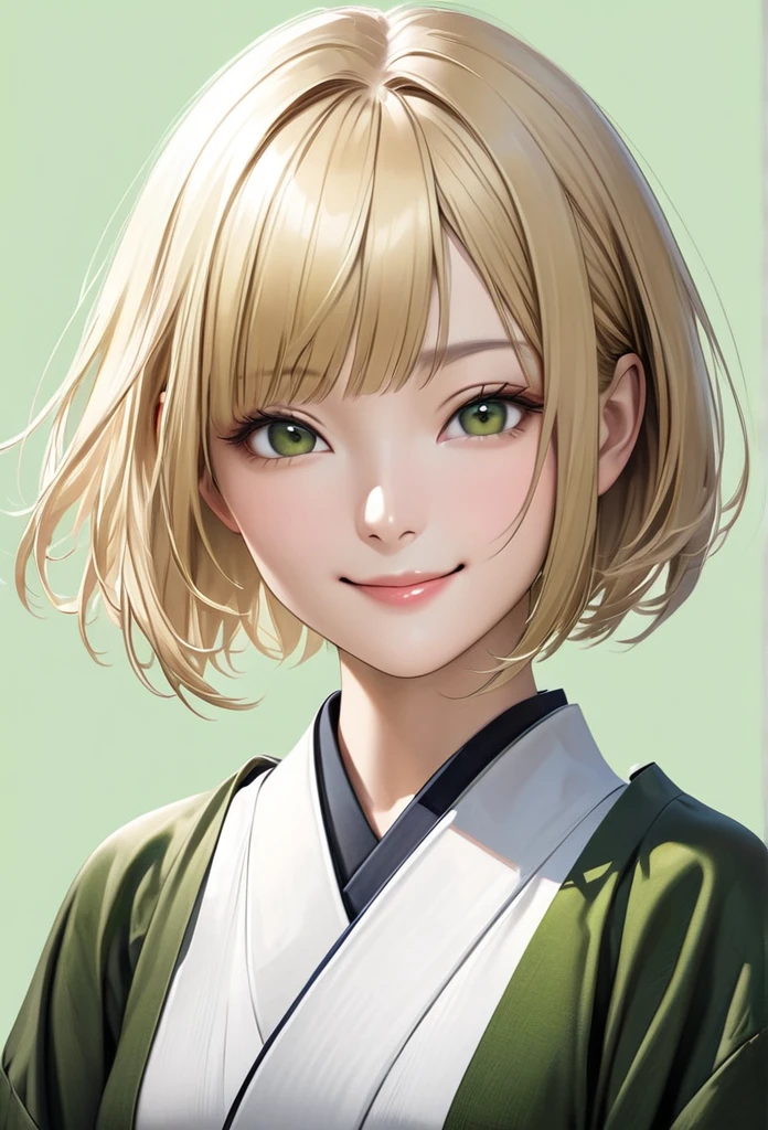 Ultra-realism,Blonde,short hair,Japanese women,Background green,front,smile