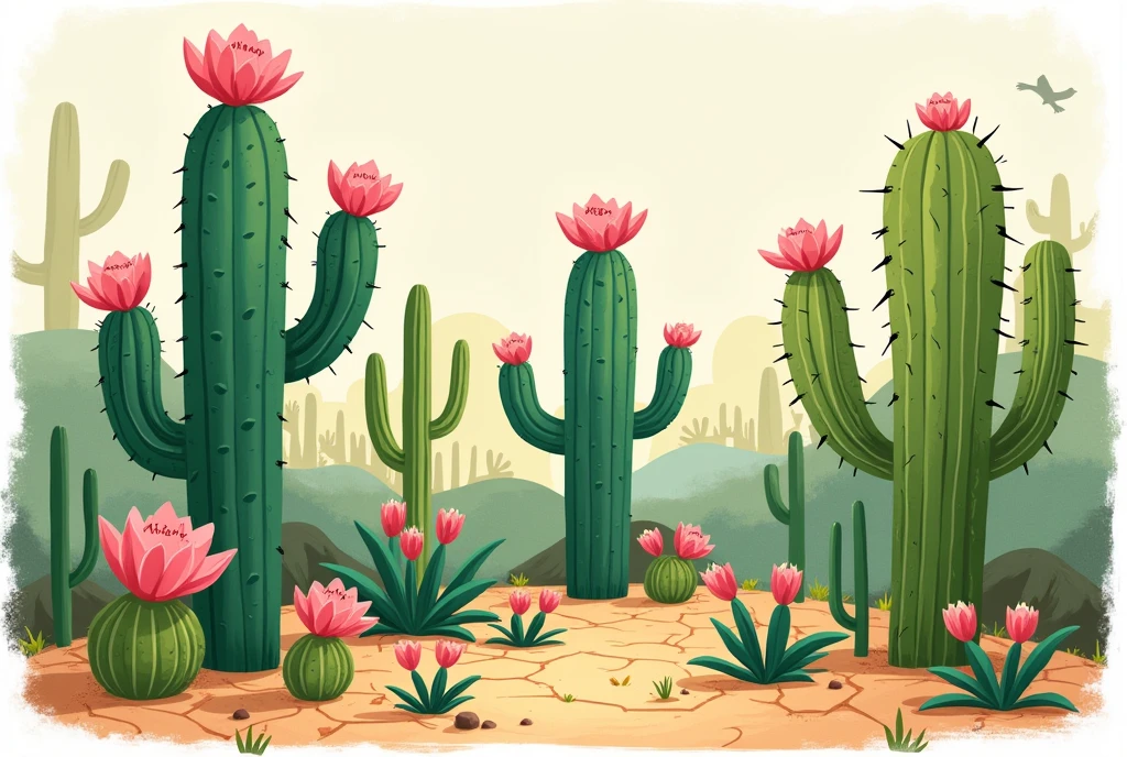 Image of the caatinga in a drawing with green cacti and pink flowers, em 2d, in Cartoon, with a cracked floor, with pastel colors,as if it were a collage
