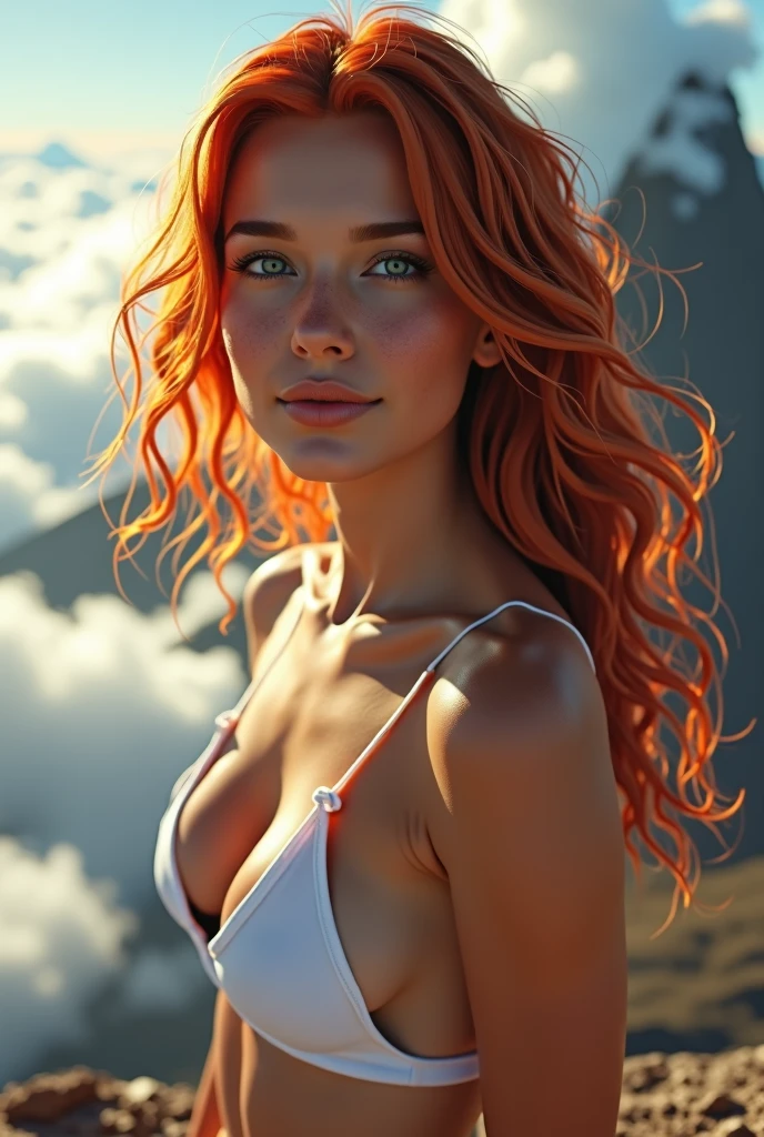 A close-up of a woman in a white bikini with a sky background, Fiery red hair, blue eyes, perfect smile, She is on top of a mountain that rises above the clouds., Digital art inspired by Louis Mathieu Verdilhan, trend in artstation, Digital art, karol behind uhd, better known as amaranth, amaranth, vfx movie, very very beautiful woman, Stunning visual effects, VXF Movie, very beautiful woman, amazing visual effects, very sexy